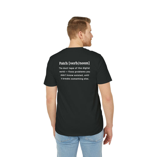Man wearing a black t-shirt with text on the back, standing against a white background