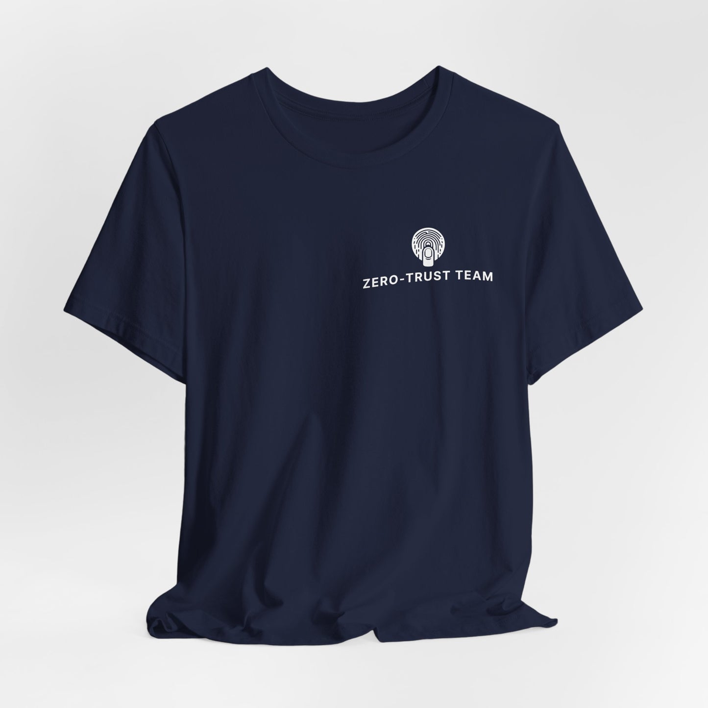 Navy blue t-shirt with 'ZERO-TRUST TEAM' text and logo on a light gray background