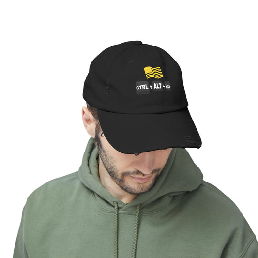 Black distressed dad hat with "Ctrl + Alt + Hat" design – funny IT and cybersecurity cap for tech professionals and programmers