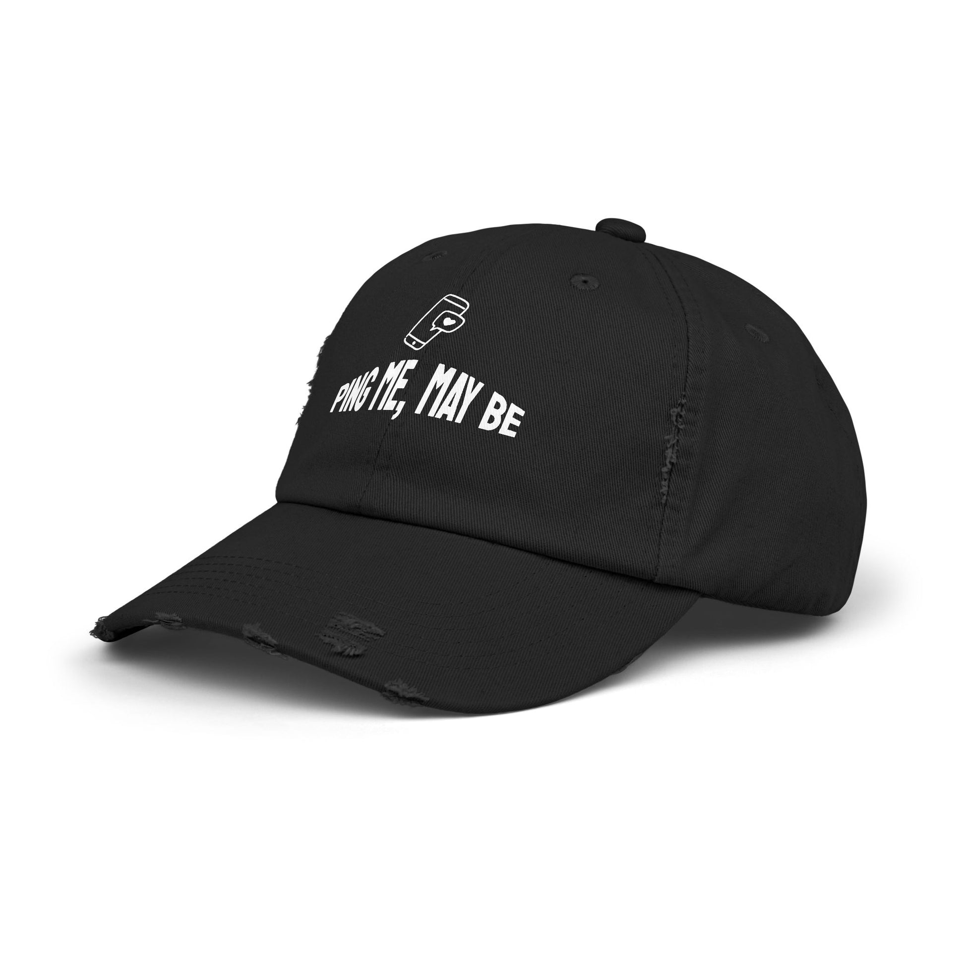 Angled view of black distressed cap for IT professionals, showcasing the tech humor 'Ping Me, May Be' slogan – ideal for tech lovers