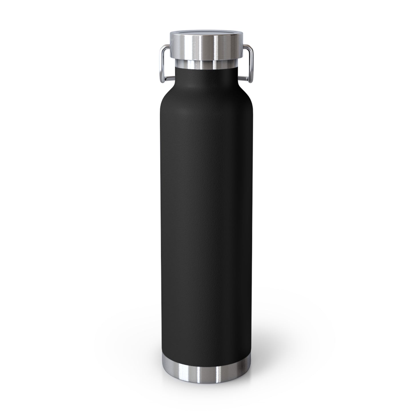 back view of black stainless steel bottle. Copper vacuum insulation keeps beverages hot or cold for cybersecurity professionals