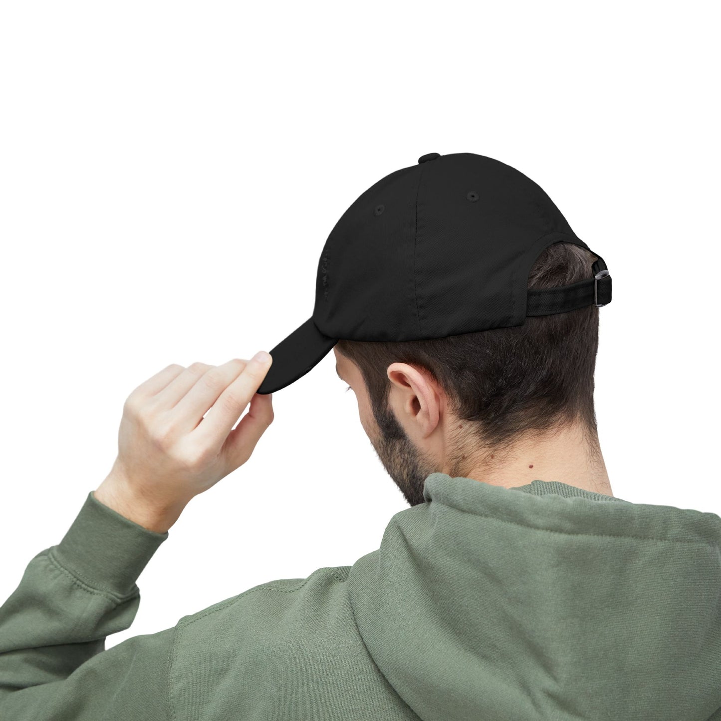 Back view of black distressed cap for IT professionals with a comfortable unstructured fit and tech-themed design