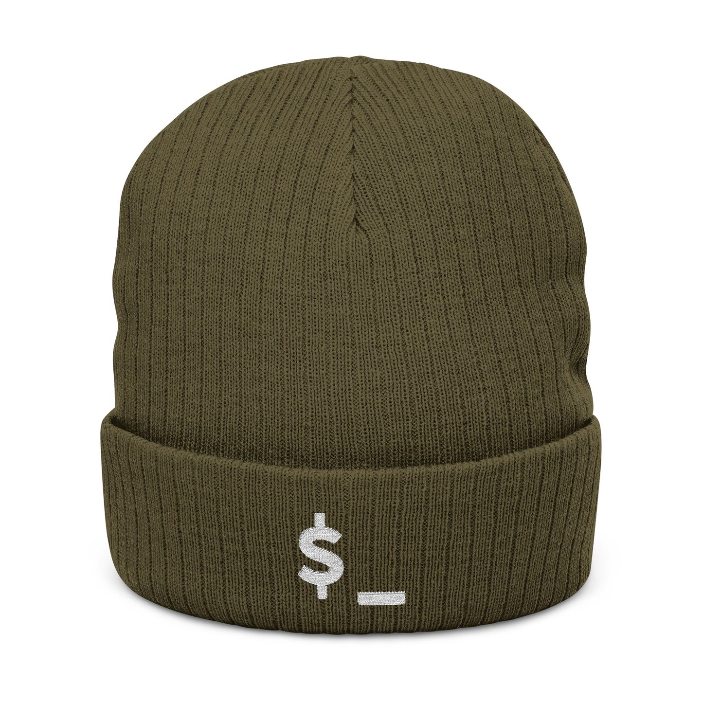 Olive green beanie with a white dollar sign symbol on a white background
