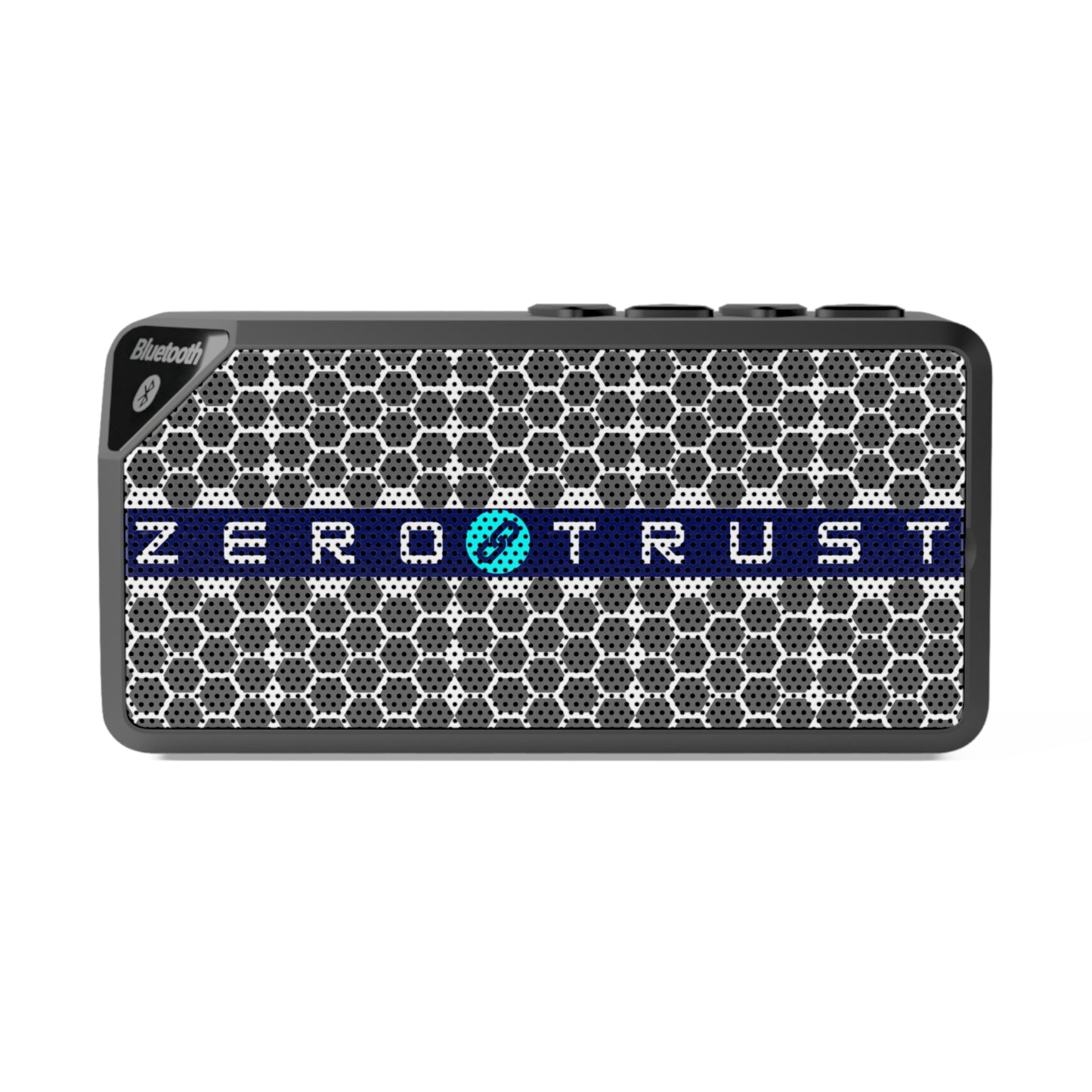 Front of cybersecurity Bluetooth speaker with 'Zero Trust' encrypted design for IT professionals and security analysts