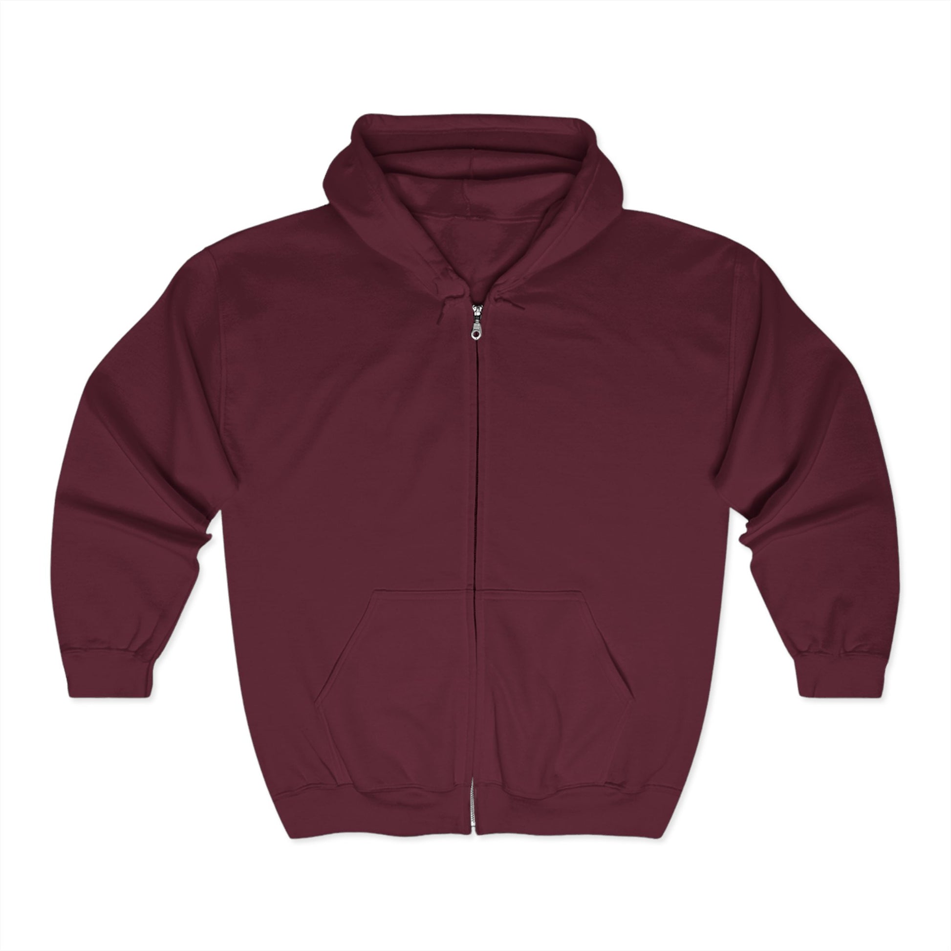 Maroon zip hoodie back with 'A Patch Too Far' slogan
