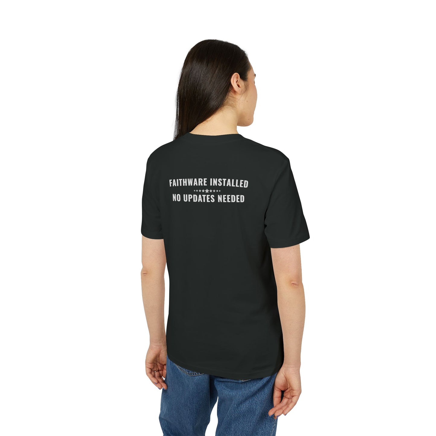 Person wearing a black t-shirt with text on the back, standing against a white background