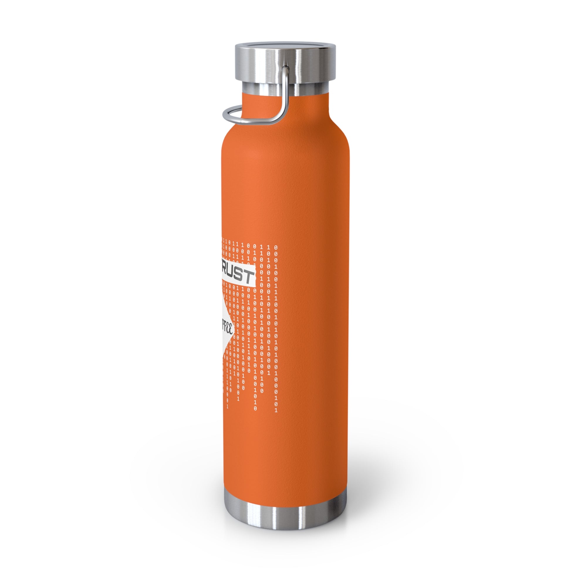 Side view of orange insulated flask with secure lid. Copper insulation keeps drinks at the perfect temperature