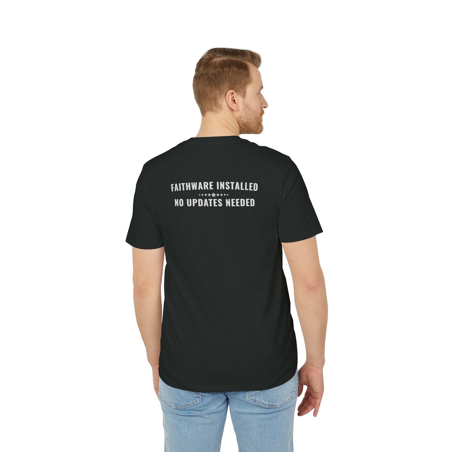 Man wearing a black t-shirt with text on the back, standing against a white background