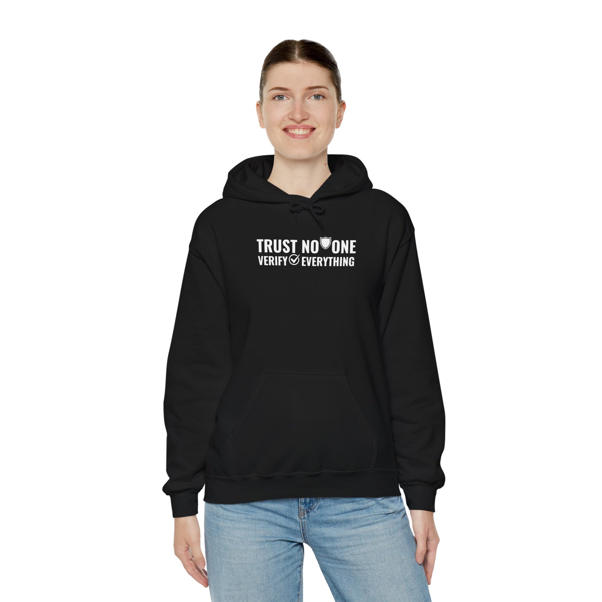 Front view of Black hacker hoodie on model, stylish cybersecurity apparel for penetration testers & SOC analysts.