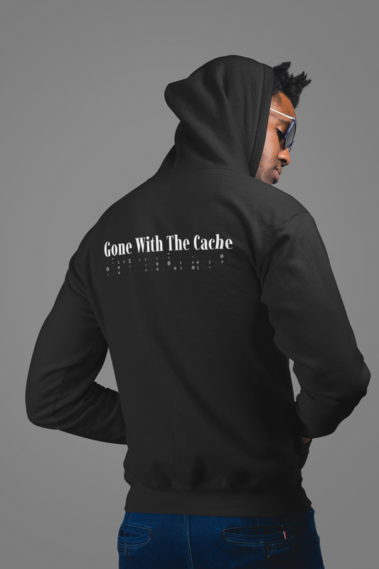 Person wearing a black hoodie with text on the back against a gray background