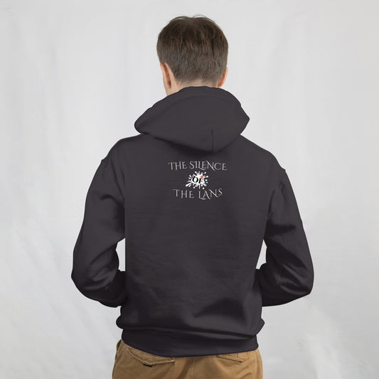 Person wearing a black hoodie with text and logo on the back against a white background
