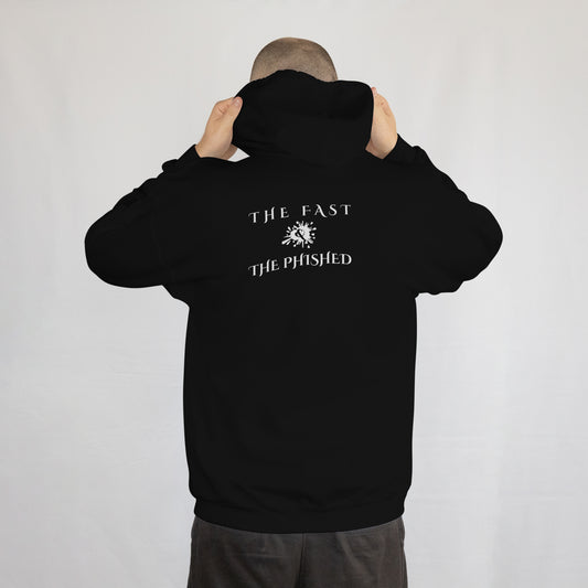 Person wearing a black hoodie with text on the back against a plain background
