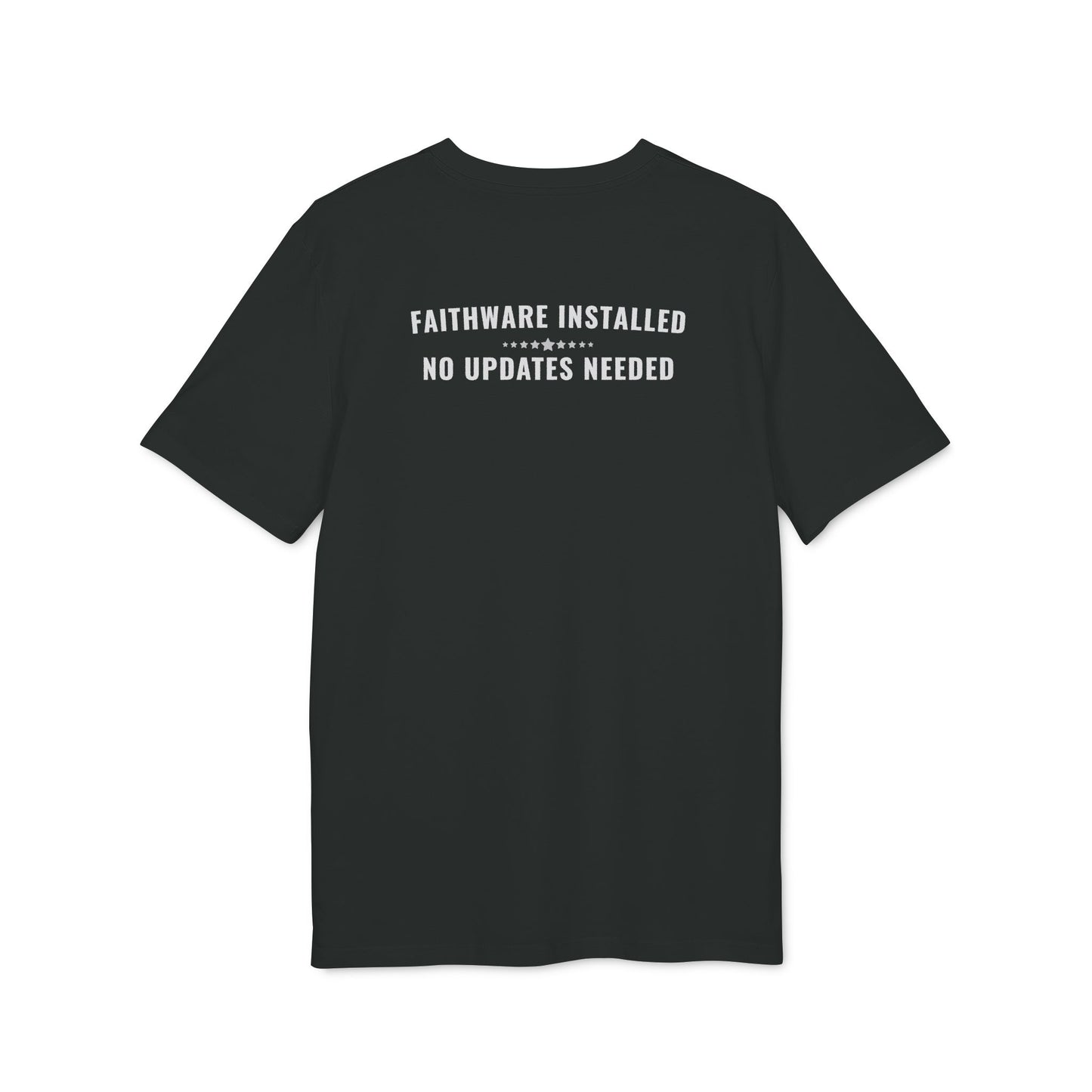Black t-shirt with white text on a white background