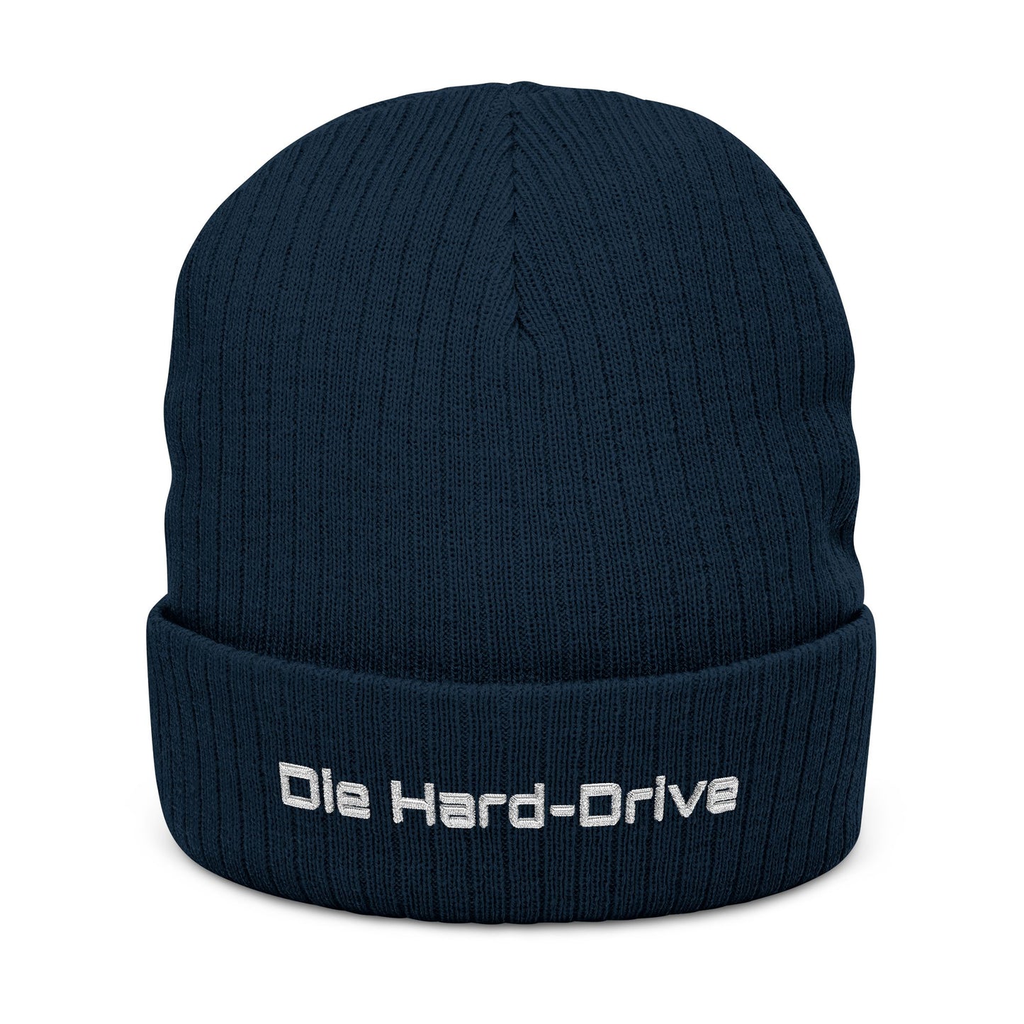 Navy blue beanie with 'Die Hard-Drive' text on a white background