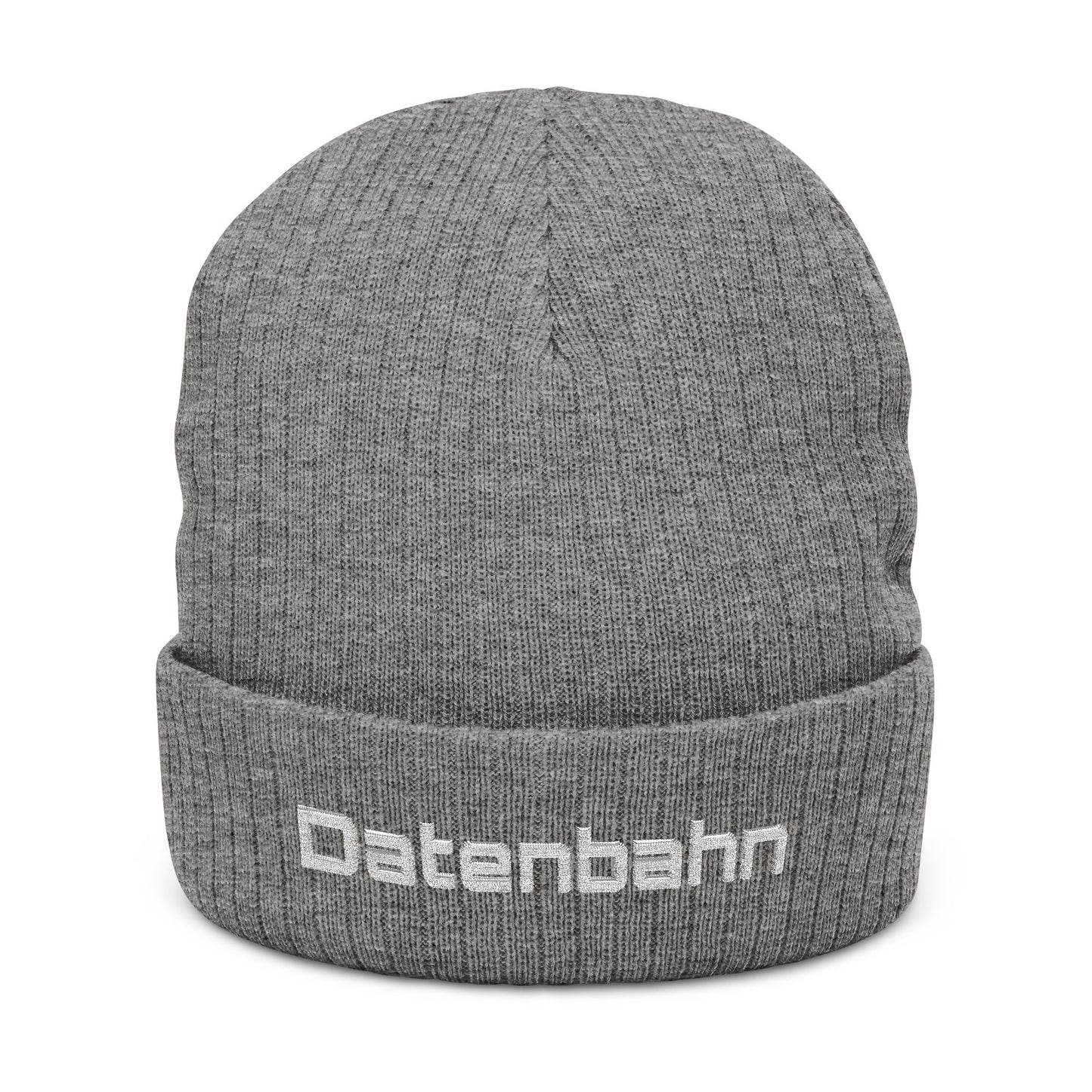 Gray beanie with 'Datenbahn' logo on a white background