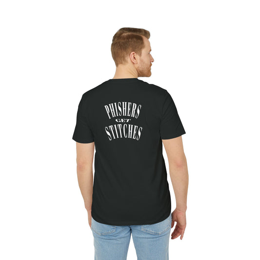 A black t-shirt on a male model with slogan 'Phishers Get Stitches' on the back, on a white background