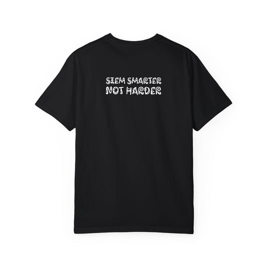 Black t-shirt with a crew neck and short sleeves.