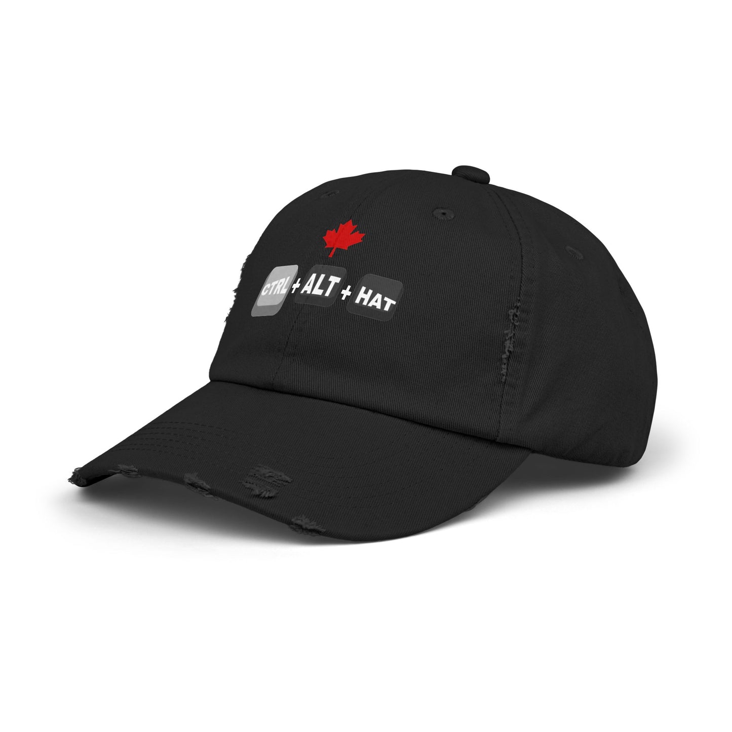 Side-angle view of black vintage-style tech dad cap with curved visor and breathable eyelets, perfect for sysadmins and ethical hackers