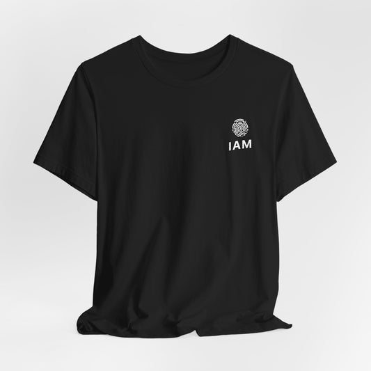 Black t-shirt with 'IAM' logo on a white background