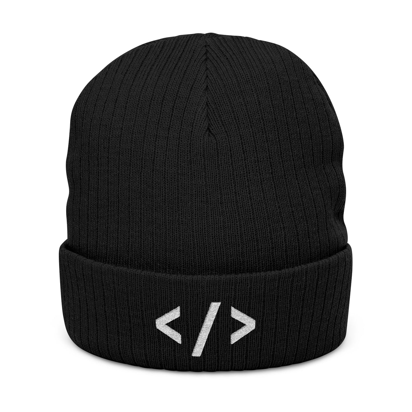 Black beanie with white HTML code symbols on a white background