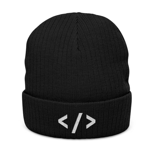Black beanie with white HTML code symbols on a white background
