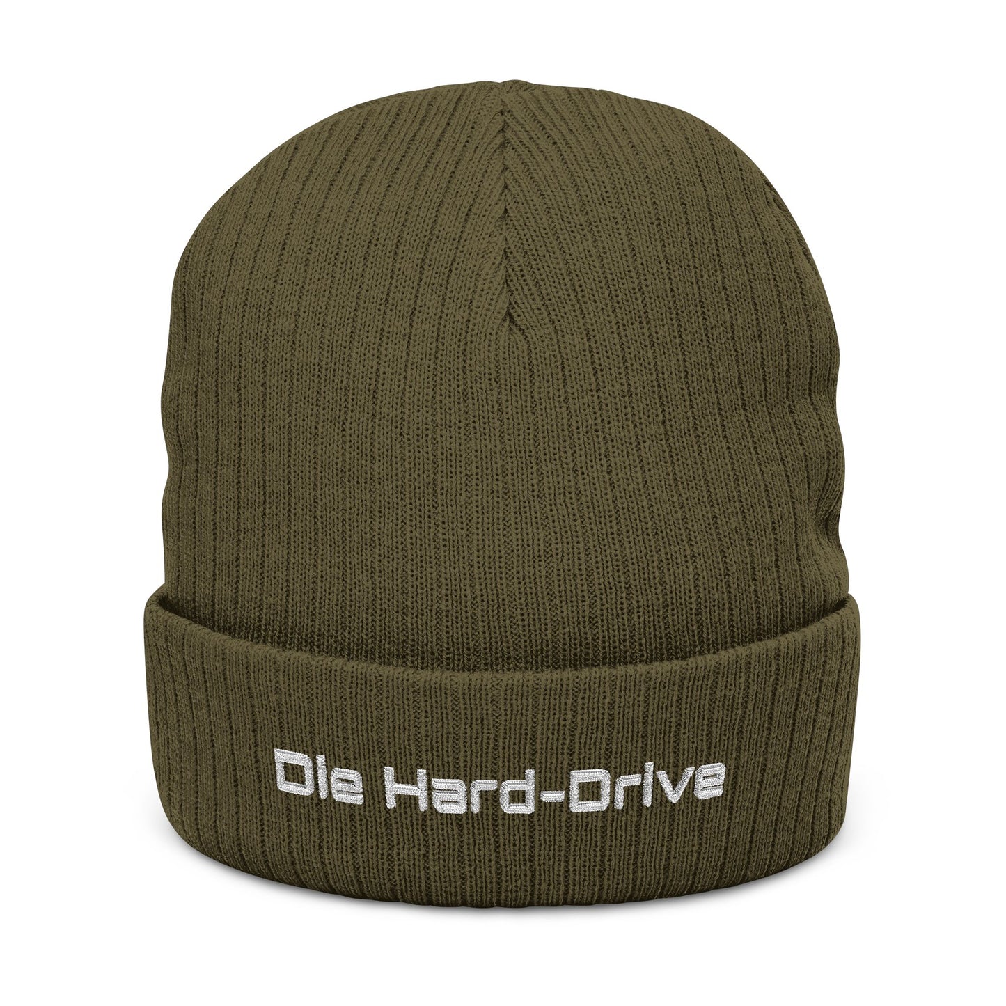 Olive green beanie with 'Die Hard-Drive' embroidery on a white background