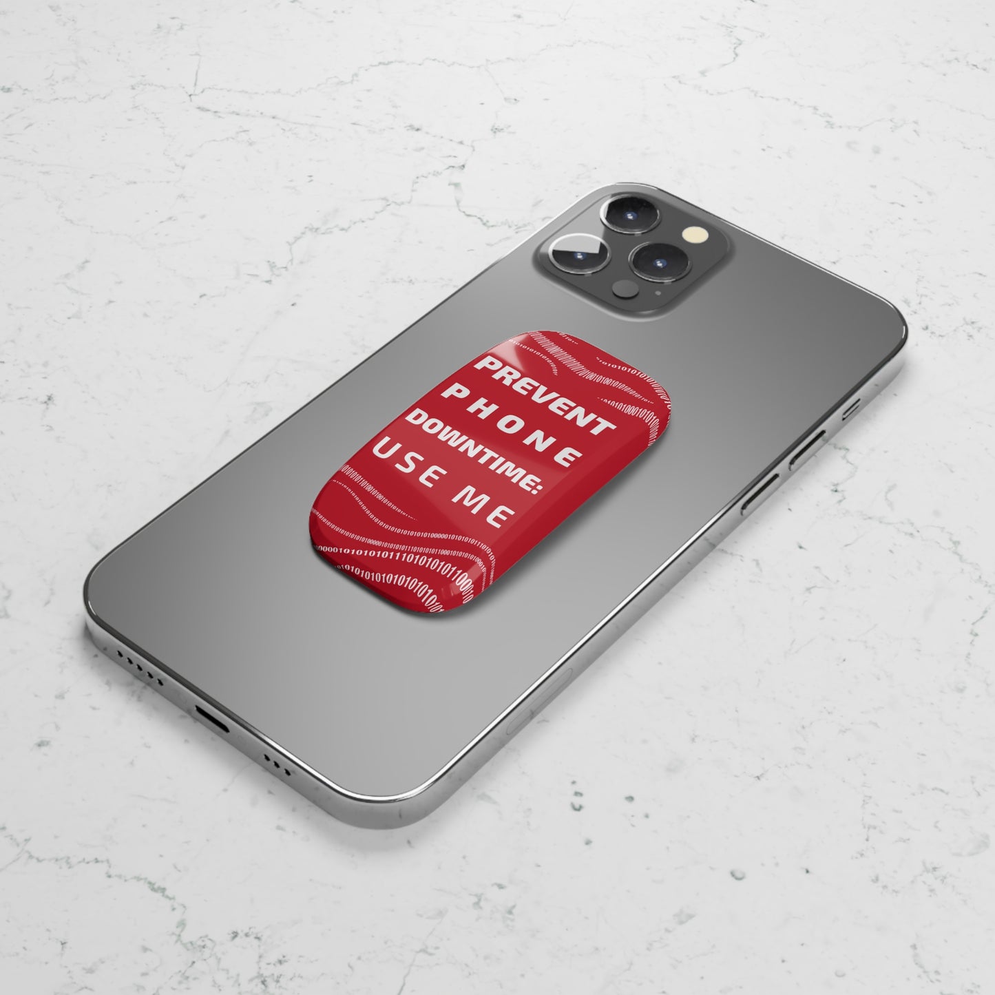 Red Glossy Phone Stand with 'Prevent Phone Downtime' Slogan