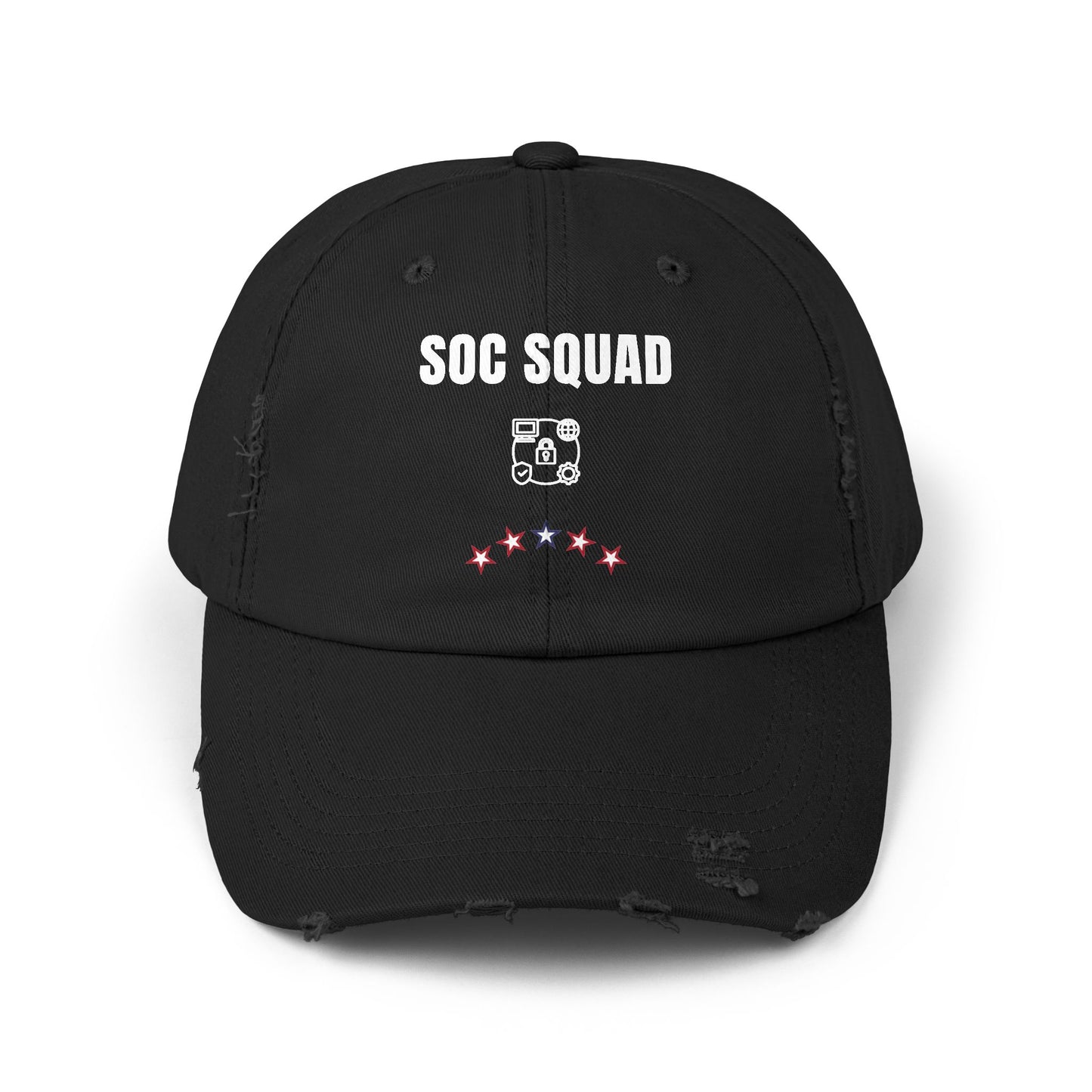 Black distressed SOC Squad hat – The perfect cybersecurity gift for IT teams, SOC analysts, and ethical hackers.