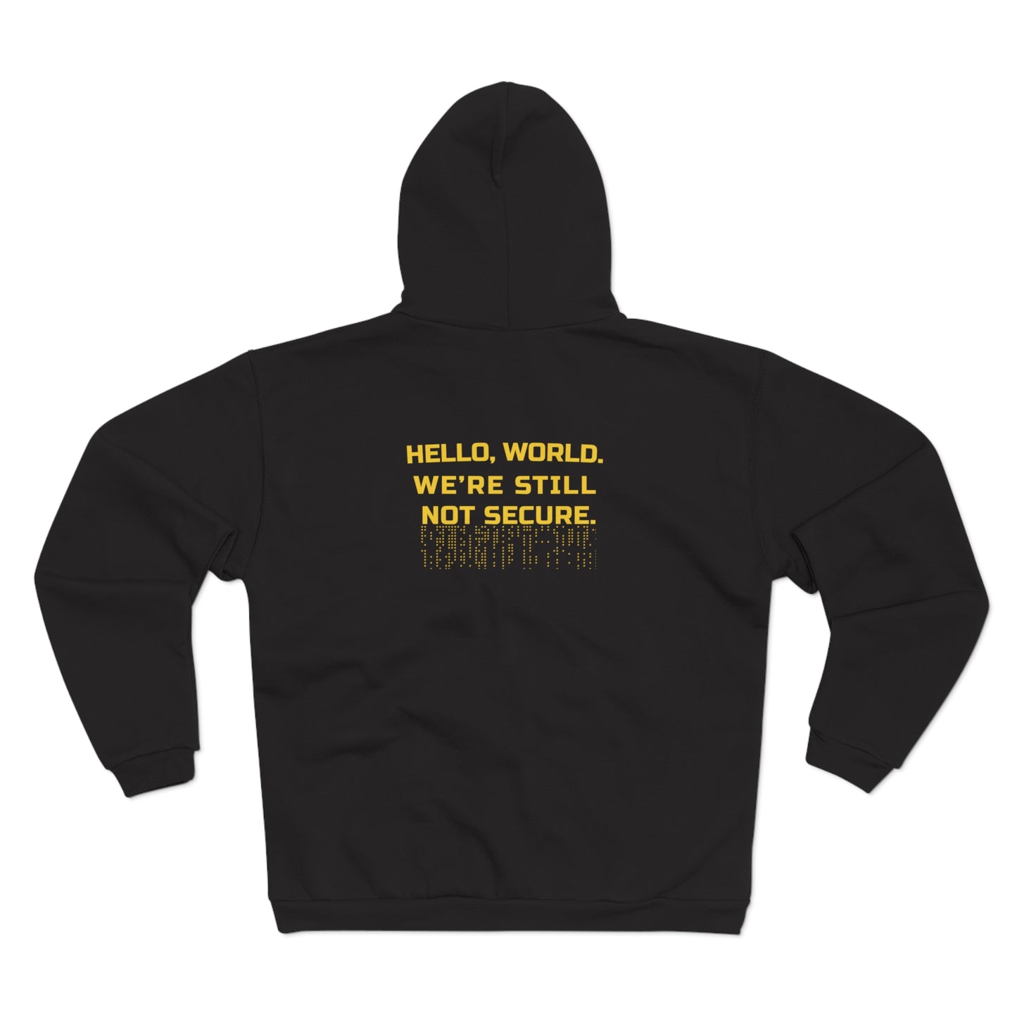 Black hoodie with yellow text on the back on a white background