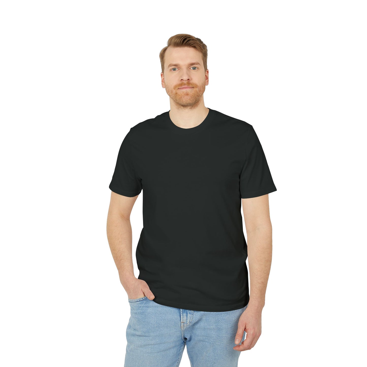 Man wearing a black t-shirt and blue jeans on a white background