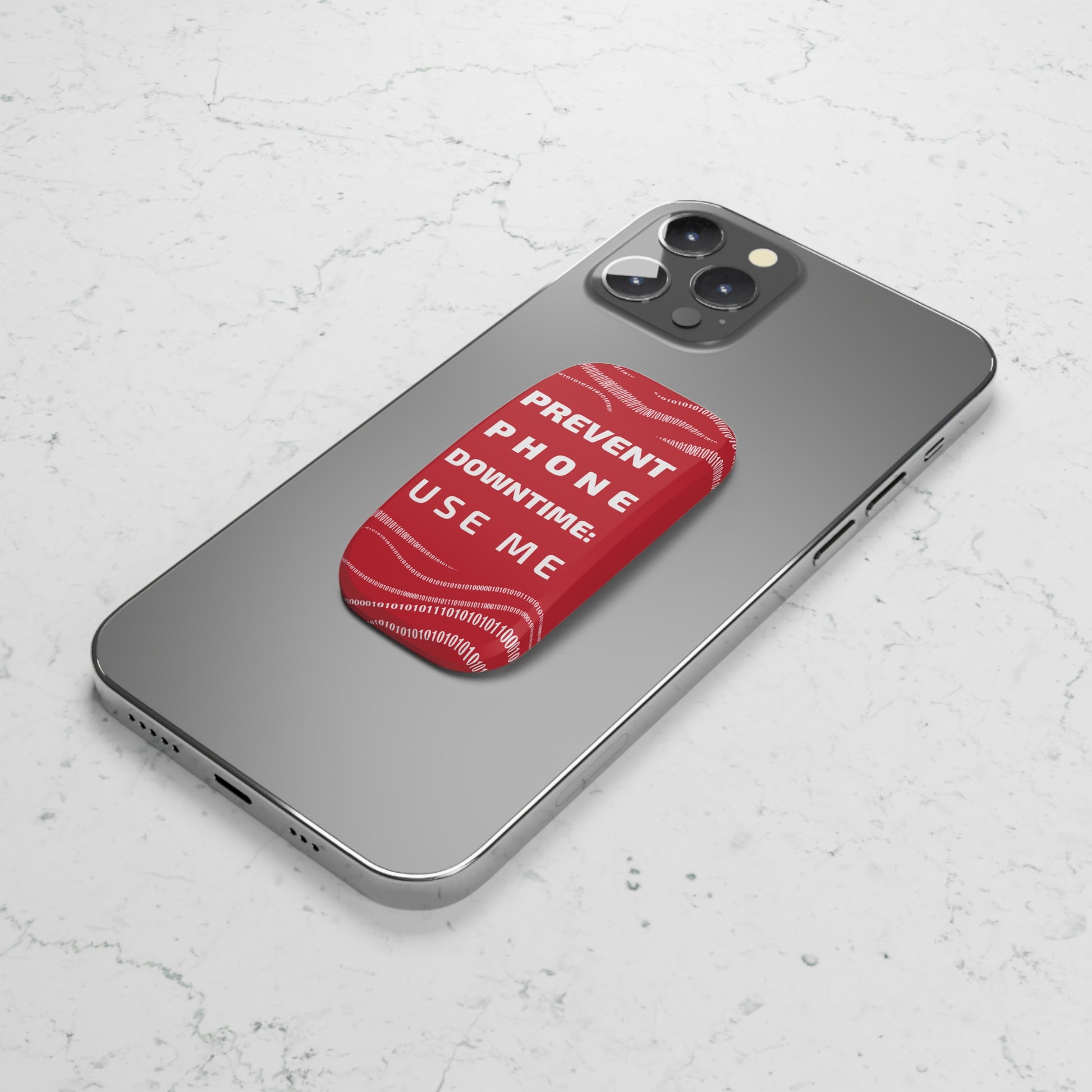 Red Matte Phone Stand with 'Prevent Phone Downtime' Slogan