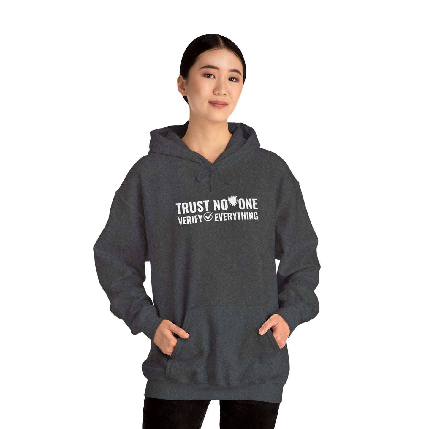 Front view of Dark Heather hacker hoodie on model, ethical hacker fashion, cybersecurity-themed apparel.