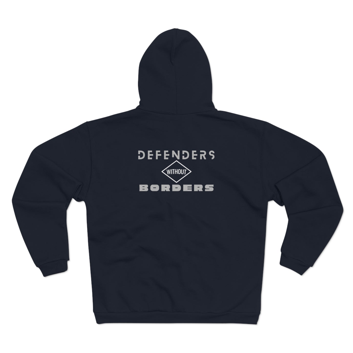 Navy hoodie with 'Defenders Without Borders' text on the back against a white background