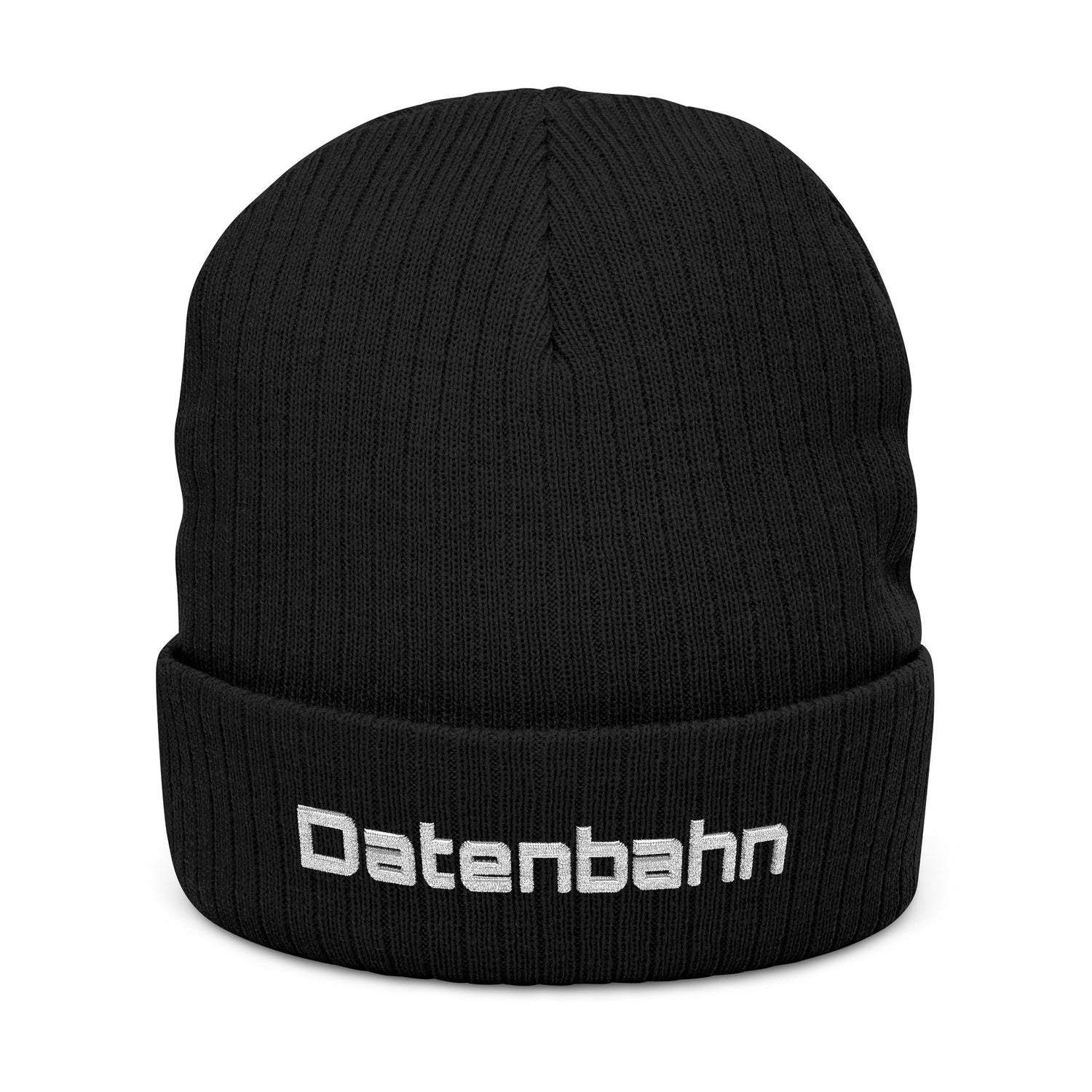 Black beanie with 'Datenbahn' text on a white background