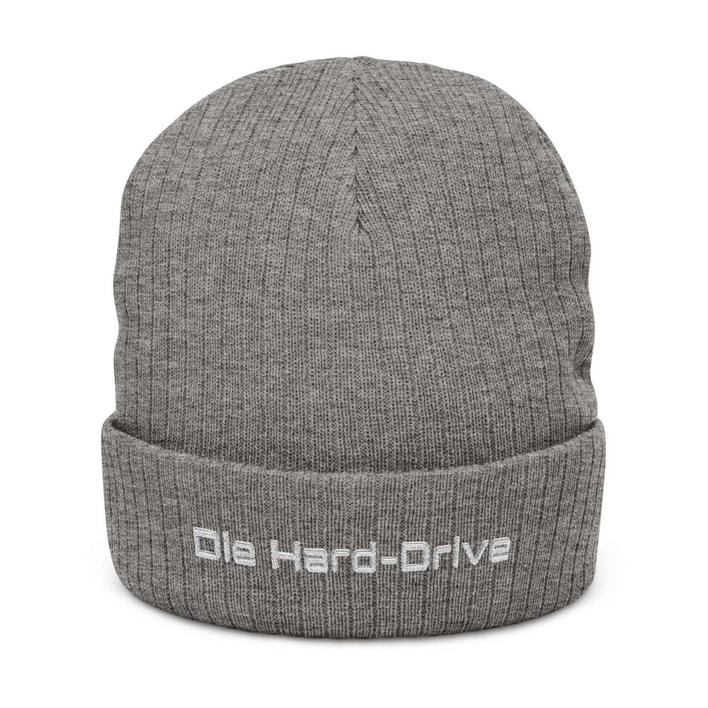 Gray beanie with 'Die Hard-Drive' text on a white background