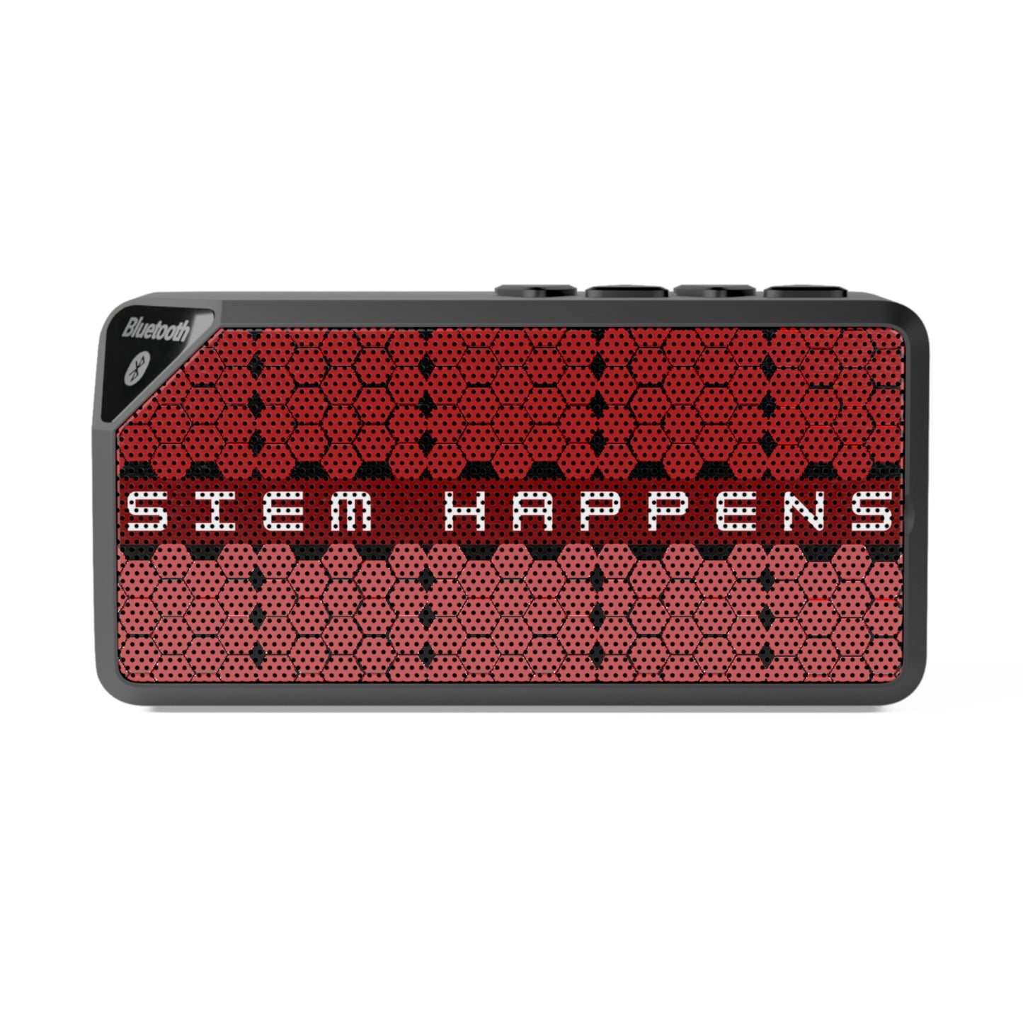 Front of SIEM Happens Bluetooth speaker. Cybersecurity-themed wireless audio for IT professionals and security engineers