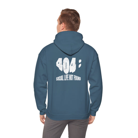 Indigo blue Cybersecurity IT Professional Hoodie on model with 404 Social Life Not Found slogan
