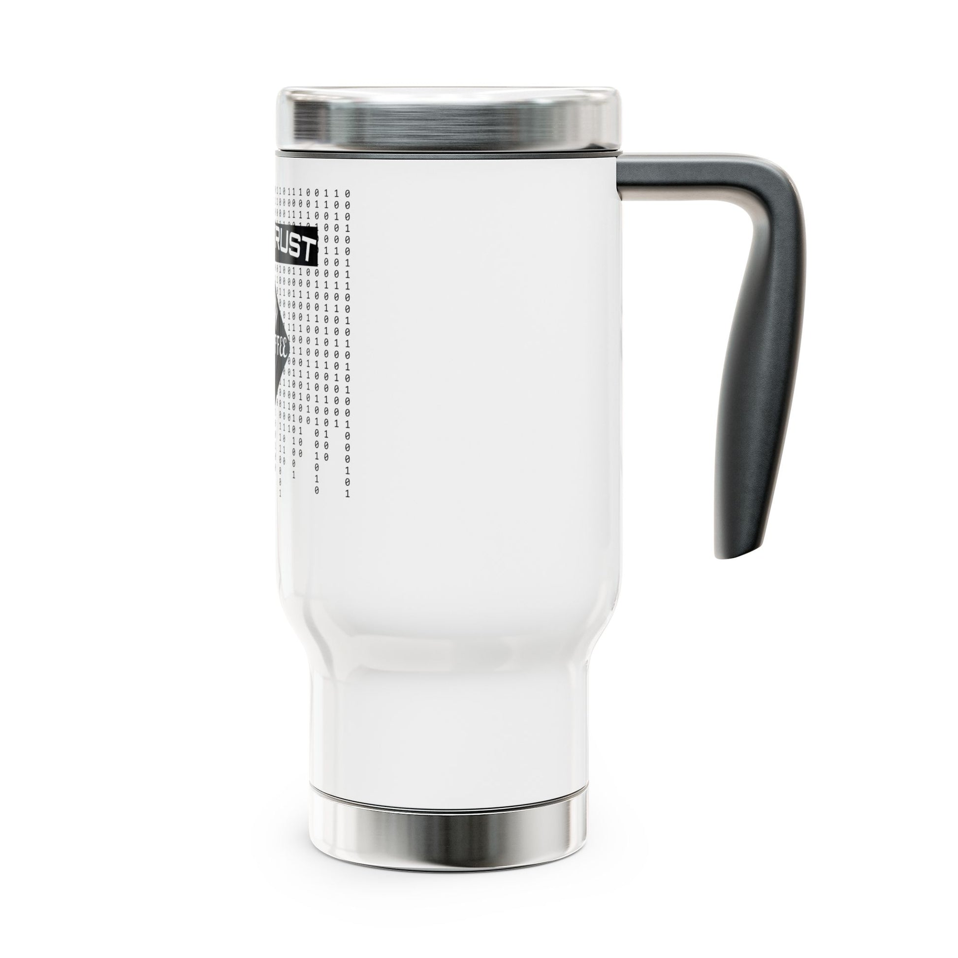 Alternate side view of white ergonomic handle travel mug designed for IT professionals