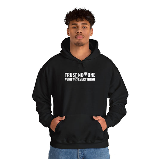 Black cybersecurity hoodie on model, 'Trust No One, Verify Everything' slogan, perfect for ethical hackers & IT pros