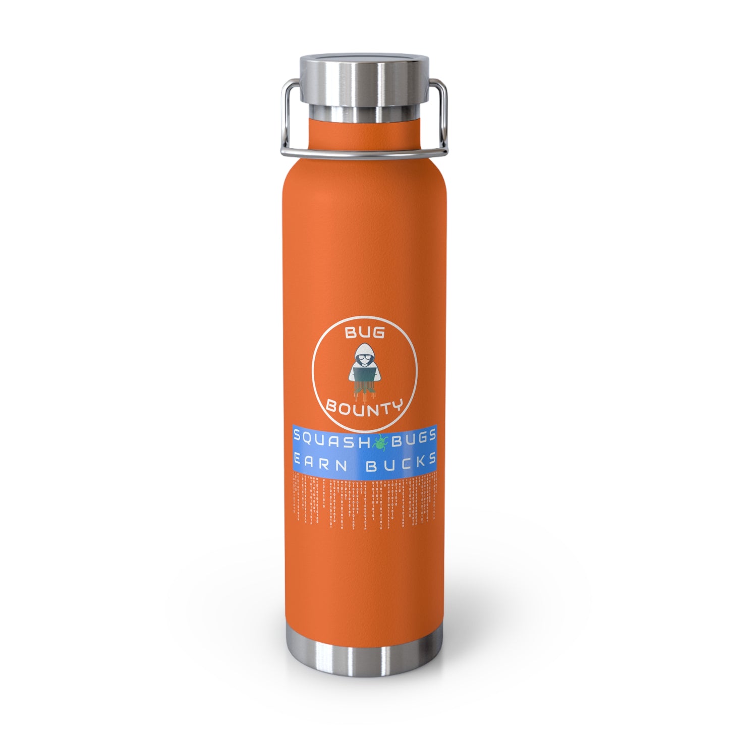 Bright orange insulated bottle with 'Bug Bounty' slogan. Ideal for cybersecurity professionals, programmers, and IT experts