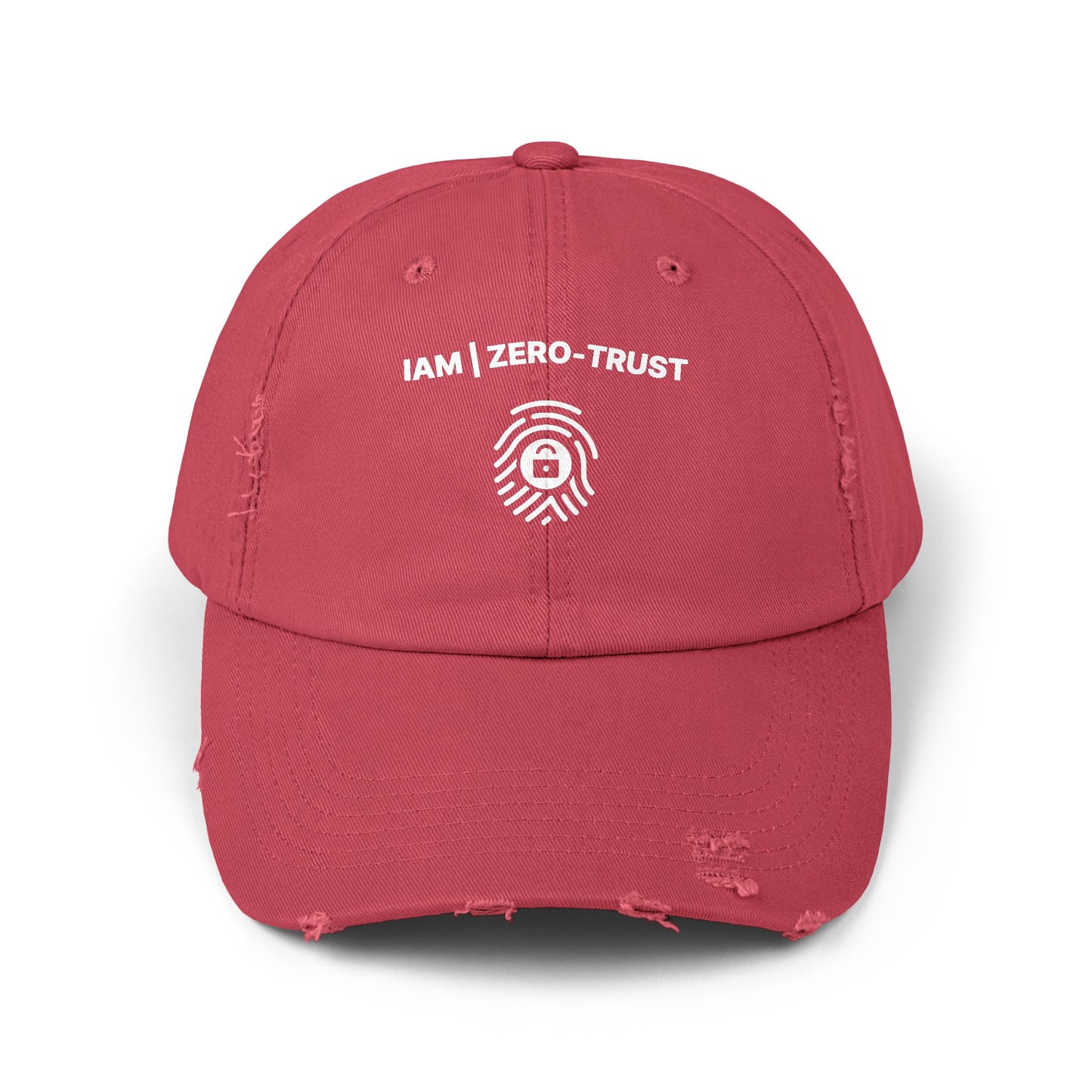 Red cap with 'IAM ZERO-TRUST' text and logo on a white background