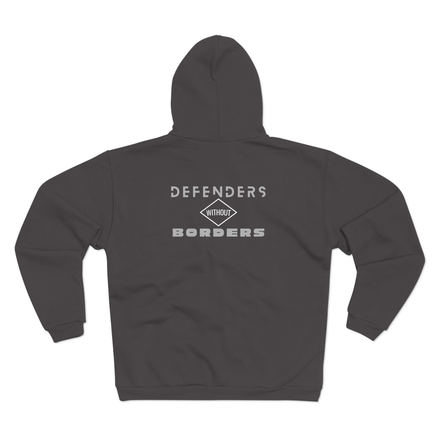 Dark gray hoodie with 'Defenders Without Borders' text on the back against a white background
