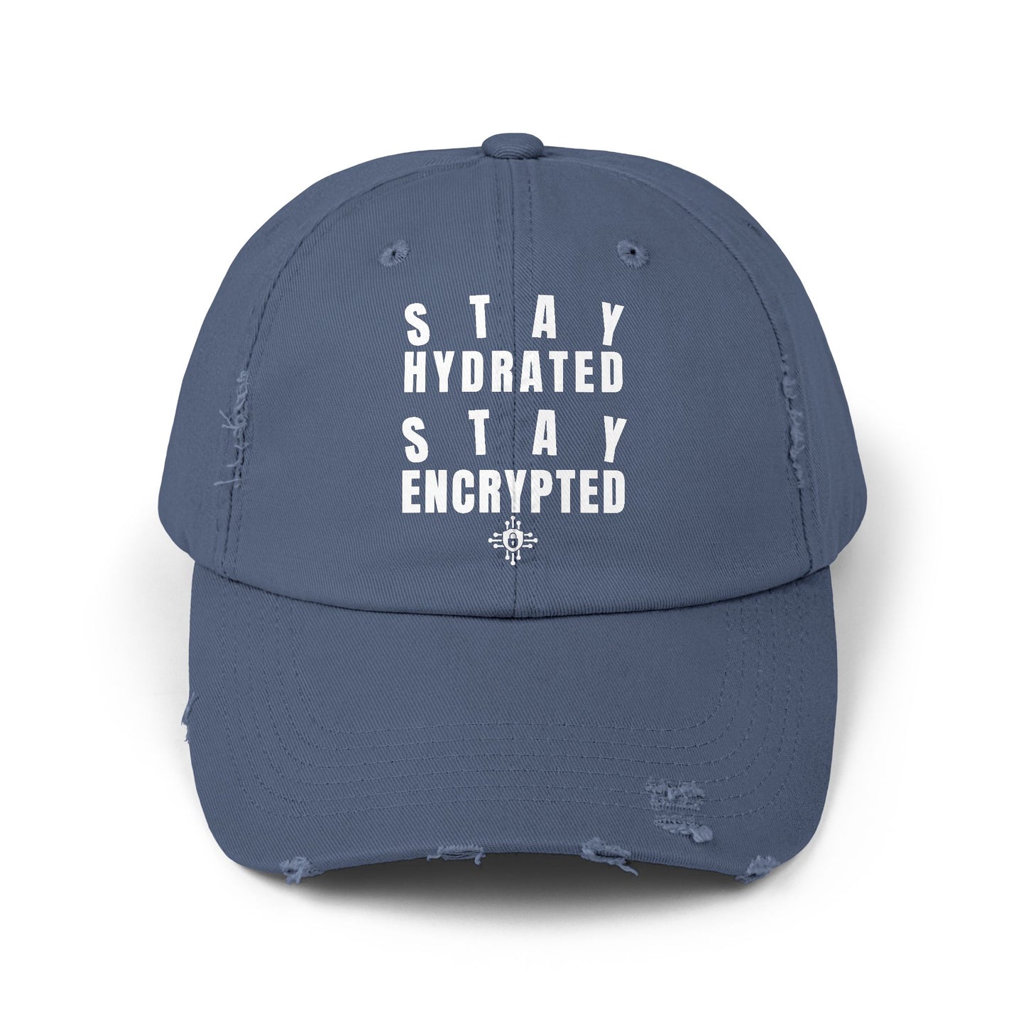 Front view of gray Stay Hydrated, Stay Encrypted tech cap