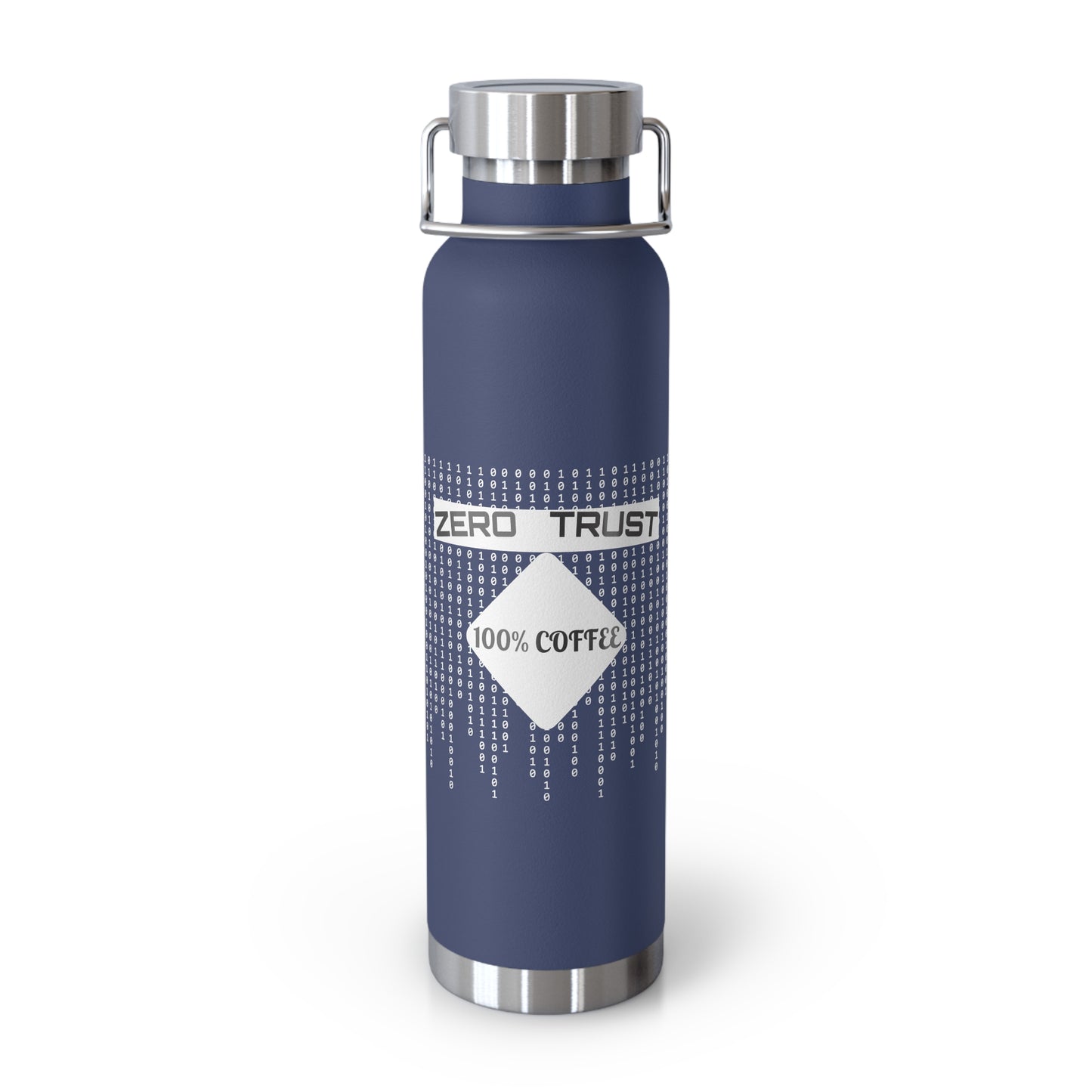 Navy insulated bottle with "Zero-Trust, 100% Coffee" slogan. Designed for cybersecurity professionals and IT specialists