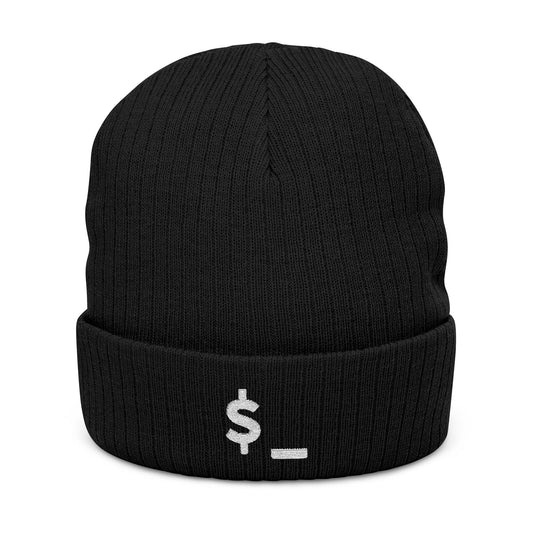 Black beanie with a white dollar sign symbol on a white background