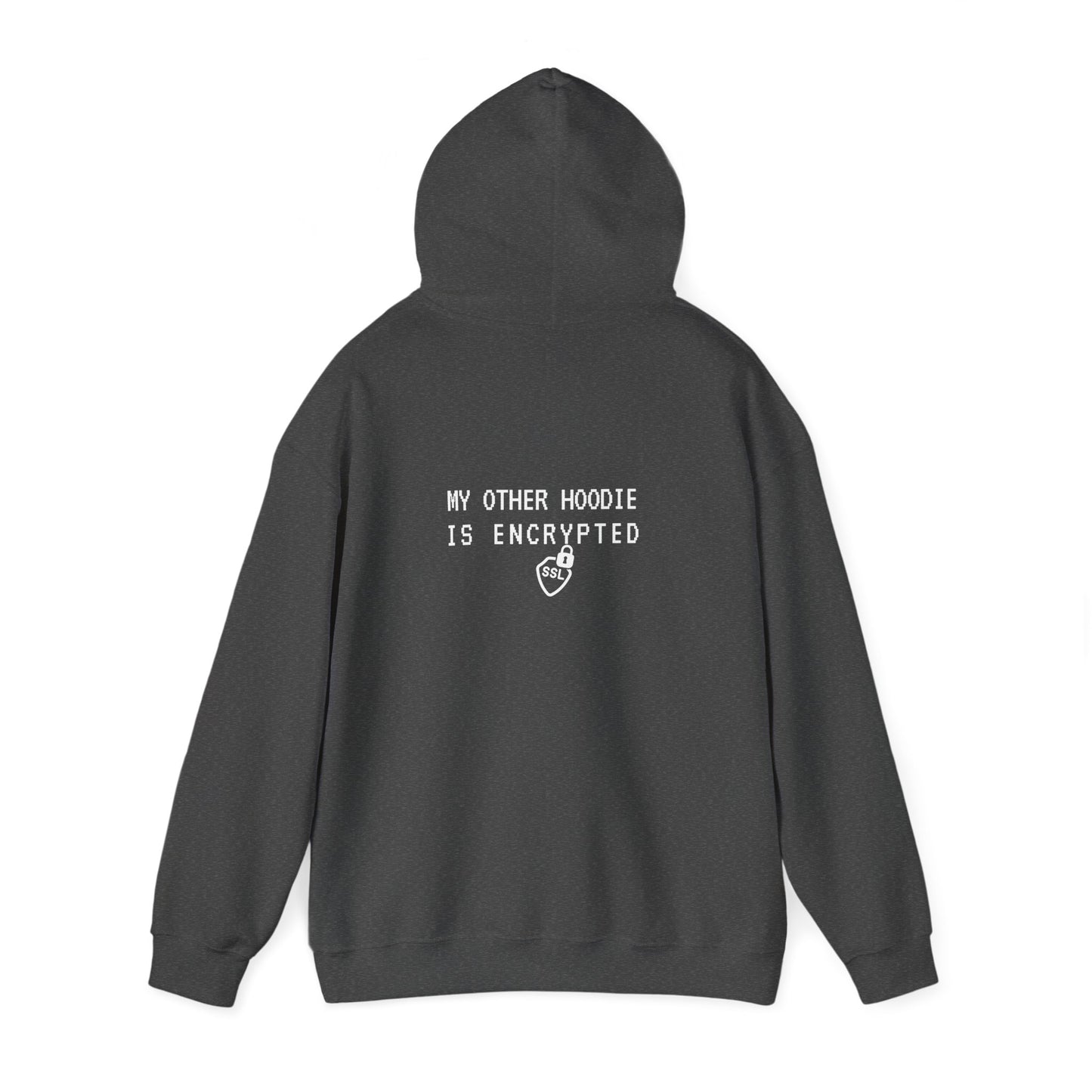 Dark Heather hoodie with 'My Other Hoodie Is Encrypted' text. Funny cybersecurity gift for IT pros. Heavy blend fabric