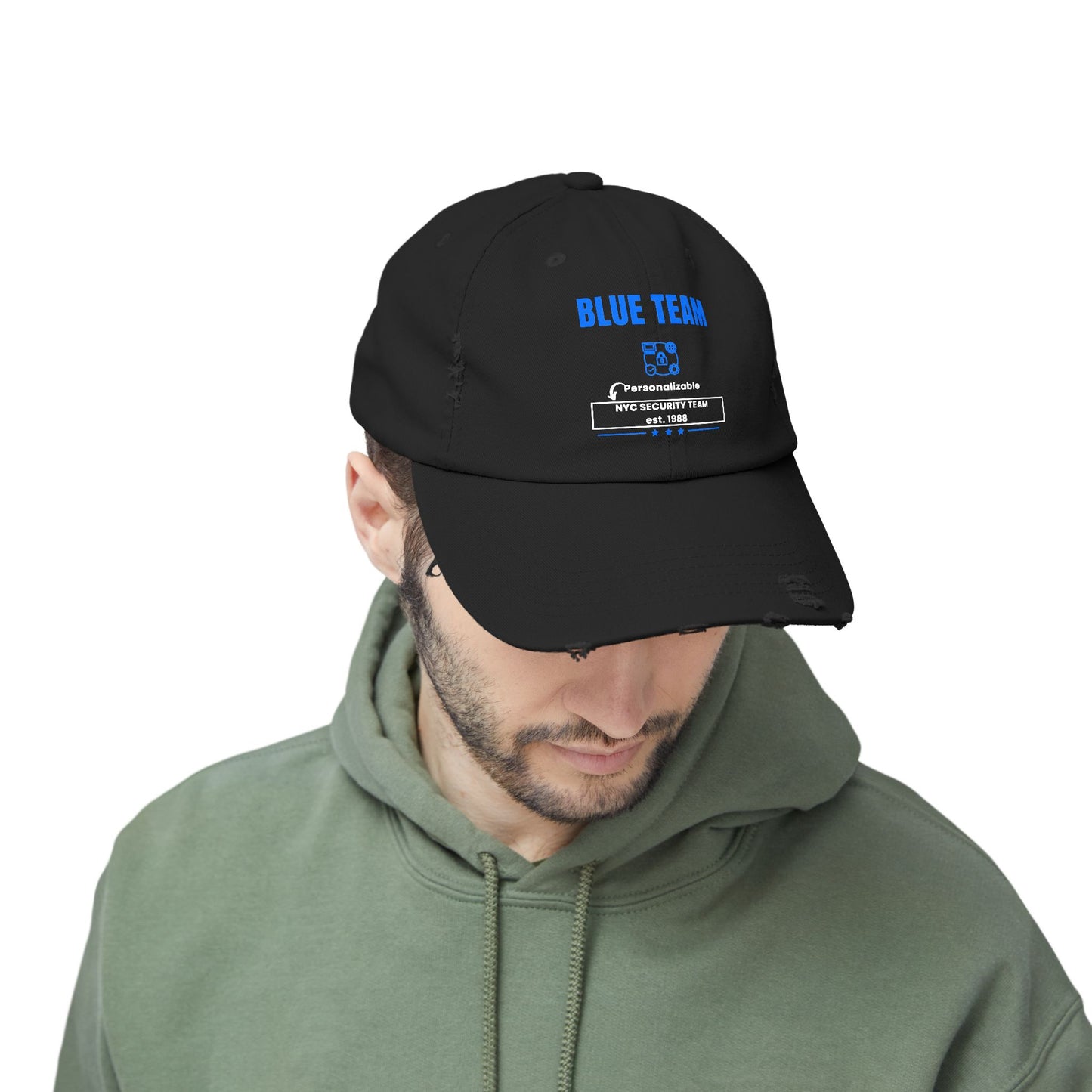 Side view of black personalized Blue Team cap – Distressed IT hat for security professionals and network defenders