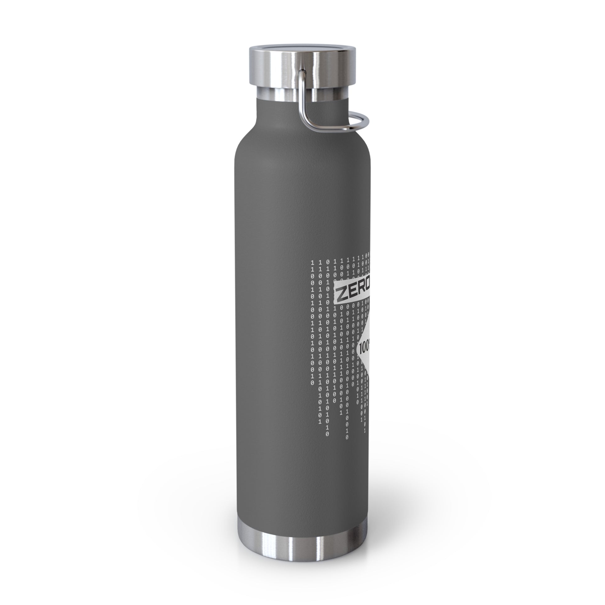 Side view of gray insulated bottle. Spill-resistant and built for cybersecurity experts and ethical hackers