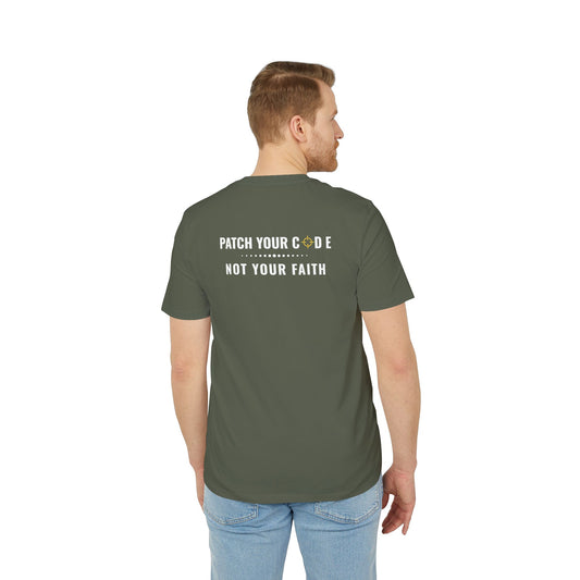 Person wearing a green t-shirt with text on the back, standing against a white background