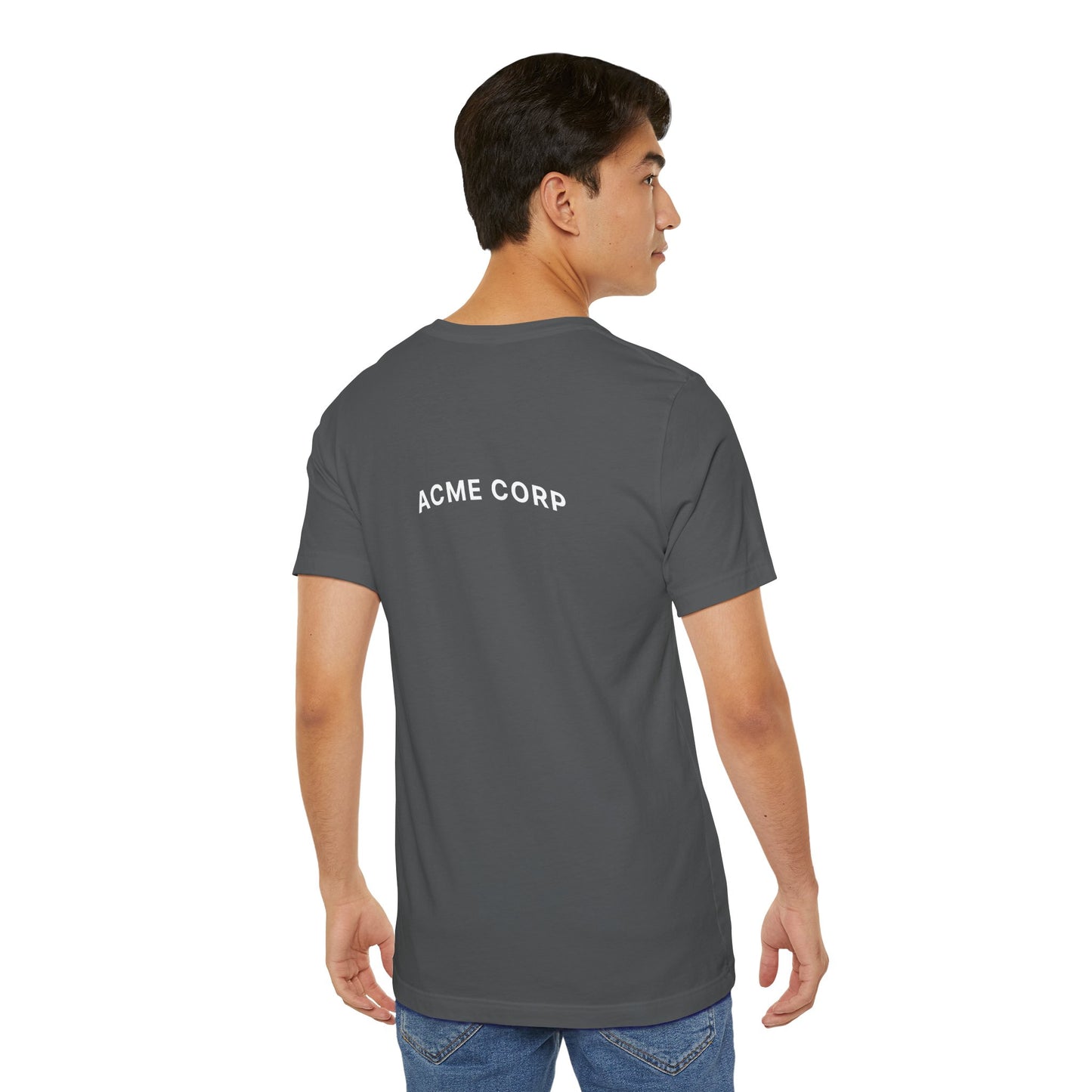 Person wearing a asphalt t-shirt with 'ACME CORP' text on the back, standing against a white background